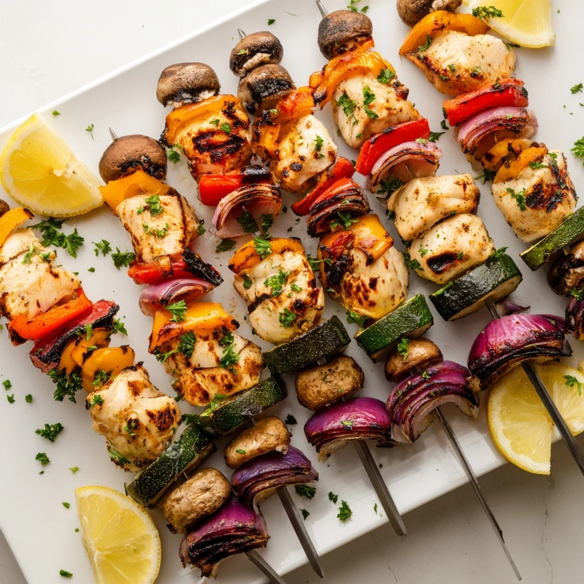 Easy grilled chicken kabobs with vegetables recipe showing tender chicken pieces and crisp summer produce on metal skewers