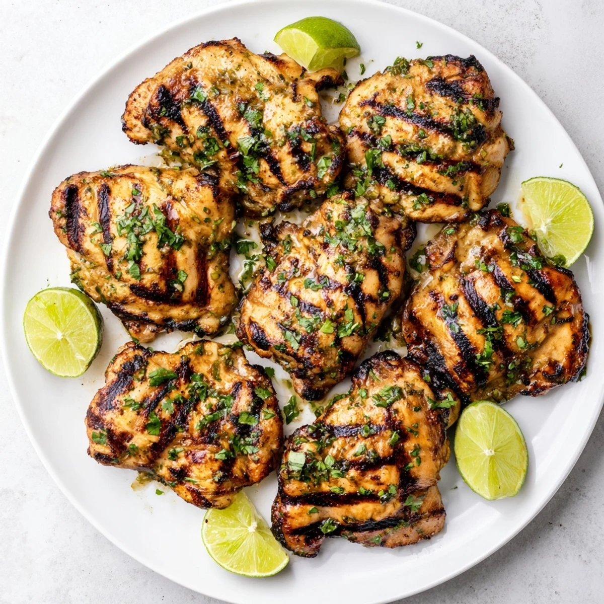 Golden brown grilled cilantro lime chicken thighs plated with fresh garnish