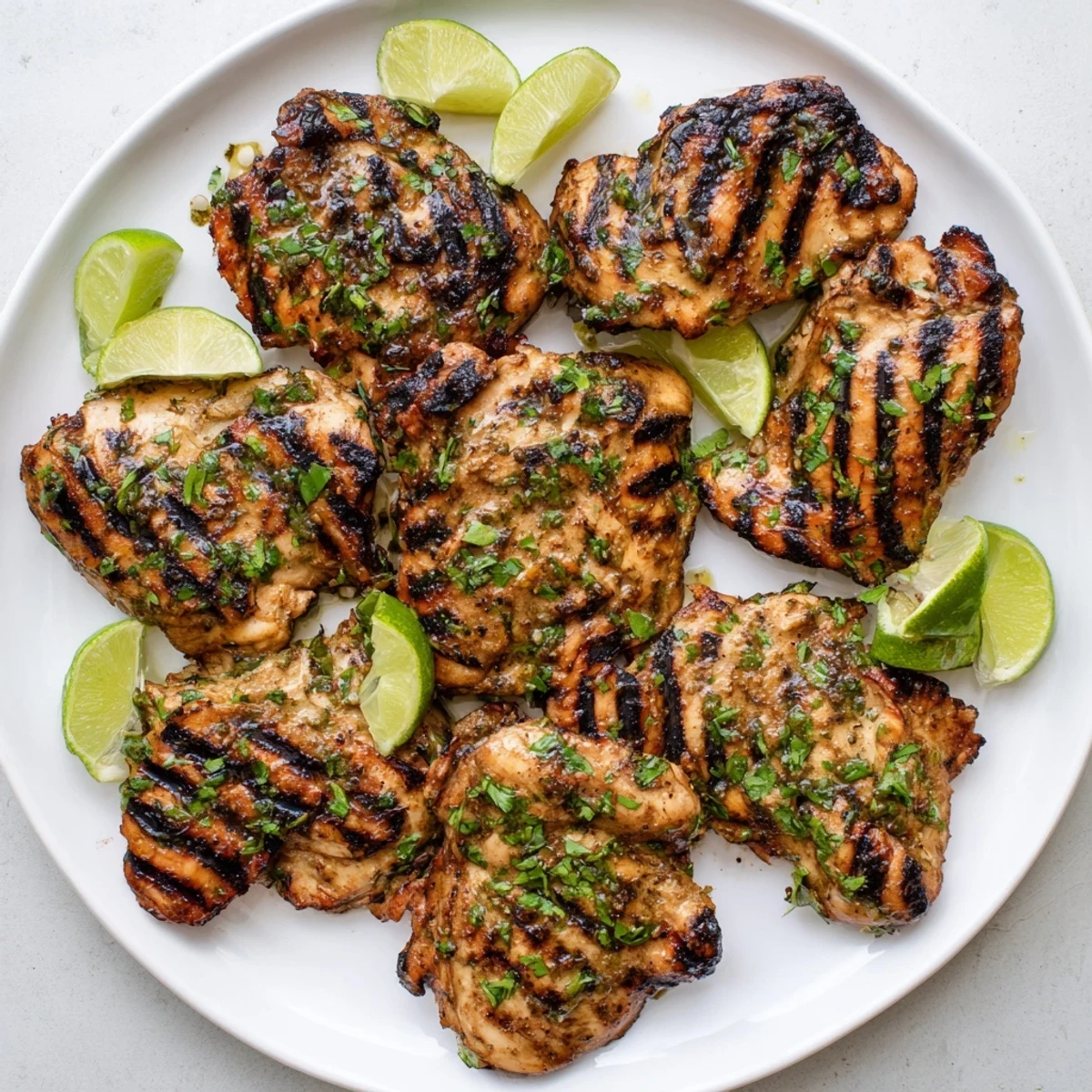 Perfectly grilled chicken thighs with charred edges and bright herb lime marinade