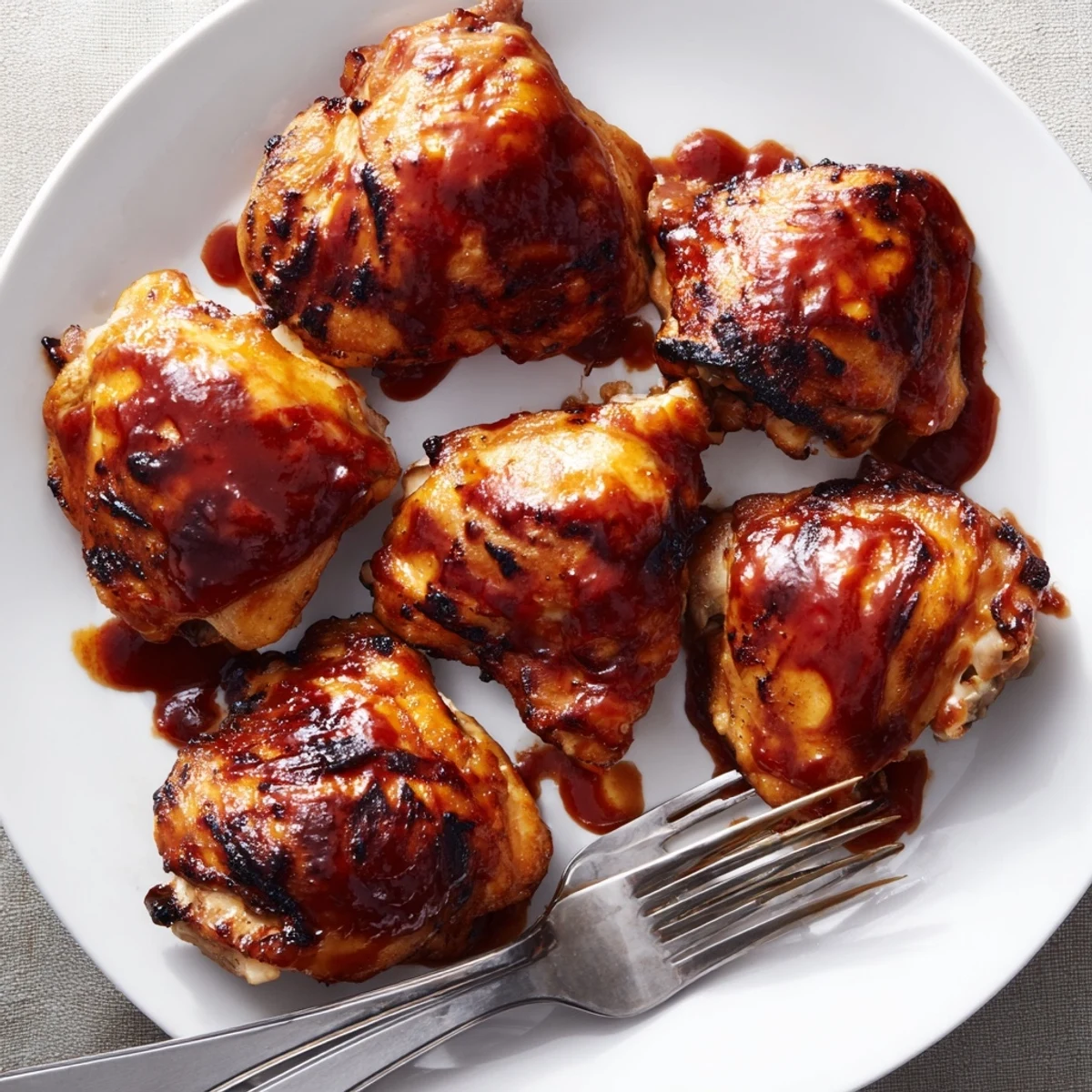 Golden brown BBQ chicken thighs glazed with smoky tangy barbecue sauce on a grill