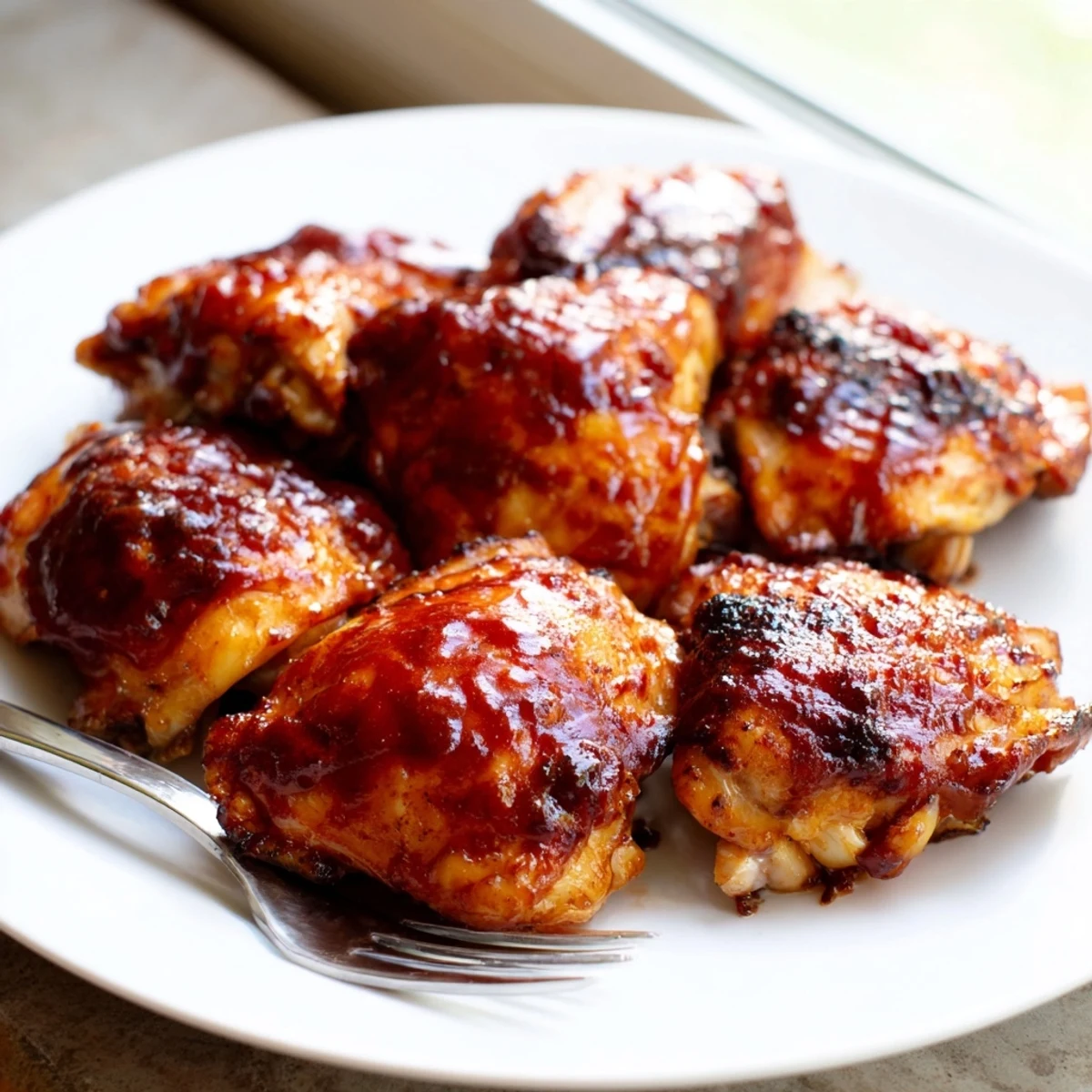 Juicy grilled BBQ chicken thighs with caramelized edges and rich smoky barbecue glaze