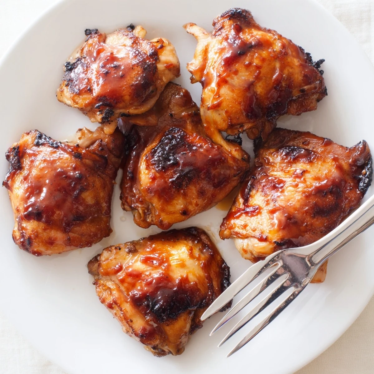 Platter of mouthwatering BBQ chicken thighs brushed with sticky sweet barbecue sauce ready to serve
