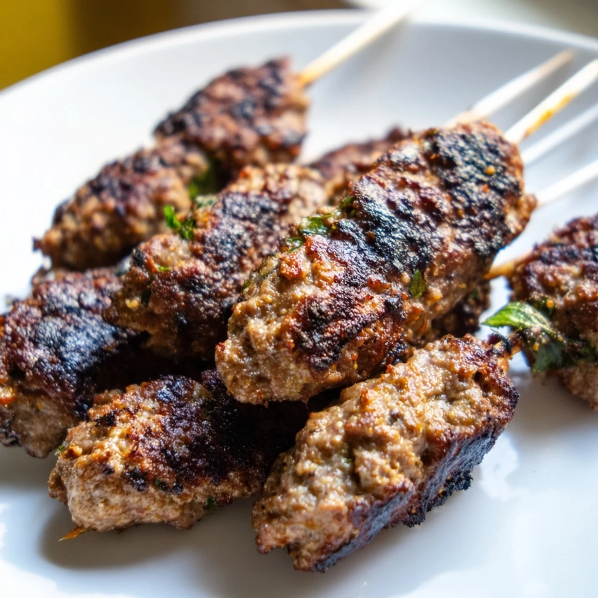 Golden brown Lamb Kofta Kebabs grilled on skewers with fresh herbs and aromatic spices
