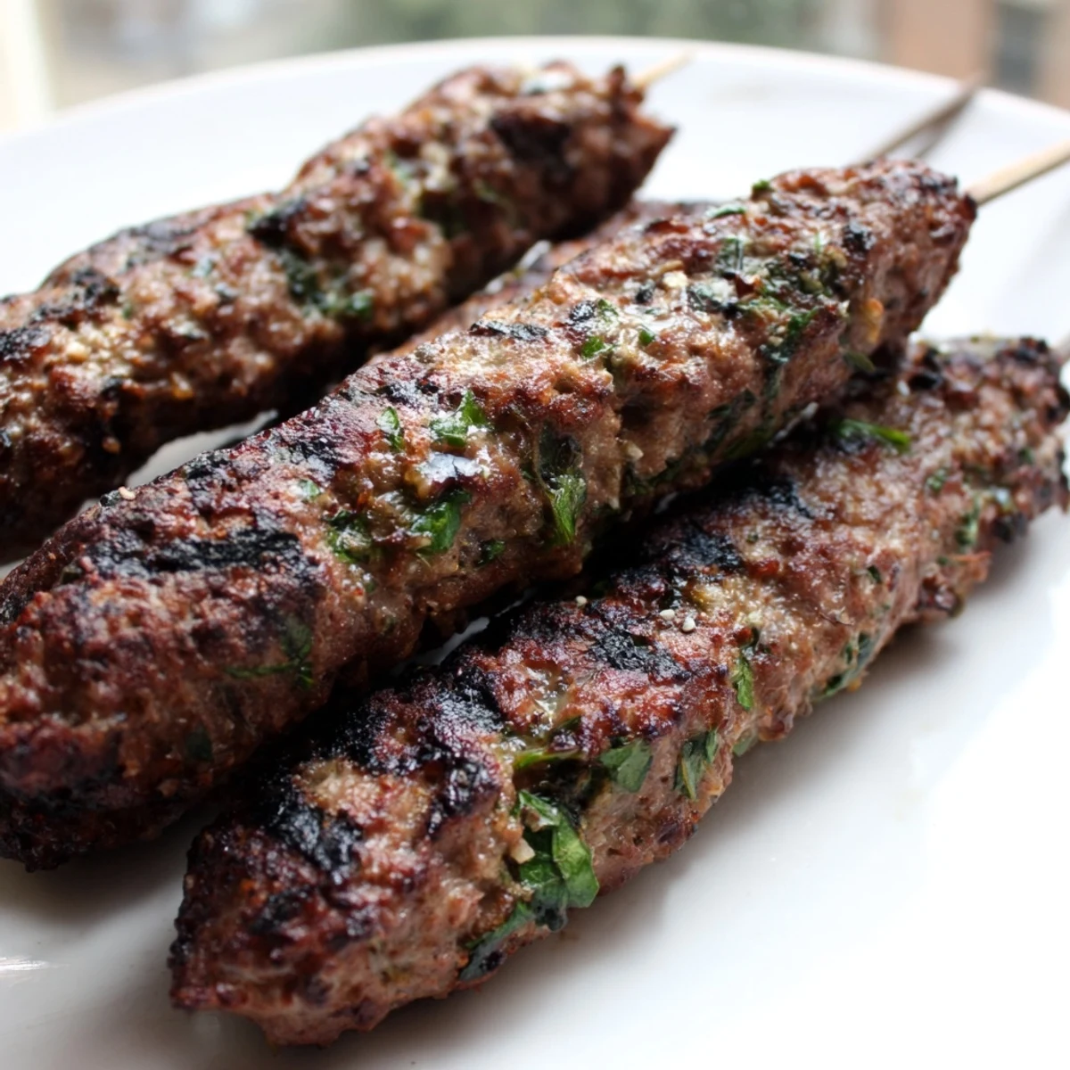 Perfectly grilled spiced Lamb Kofta Kebabs arranged on skewers ready for a festive dinner