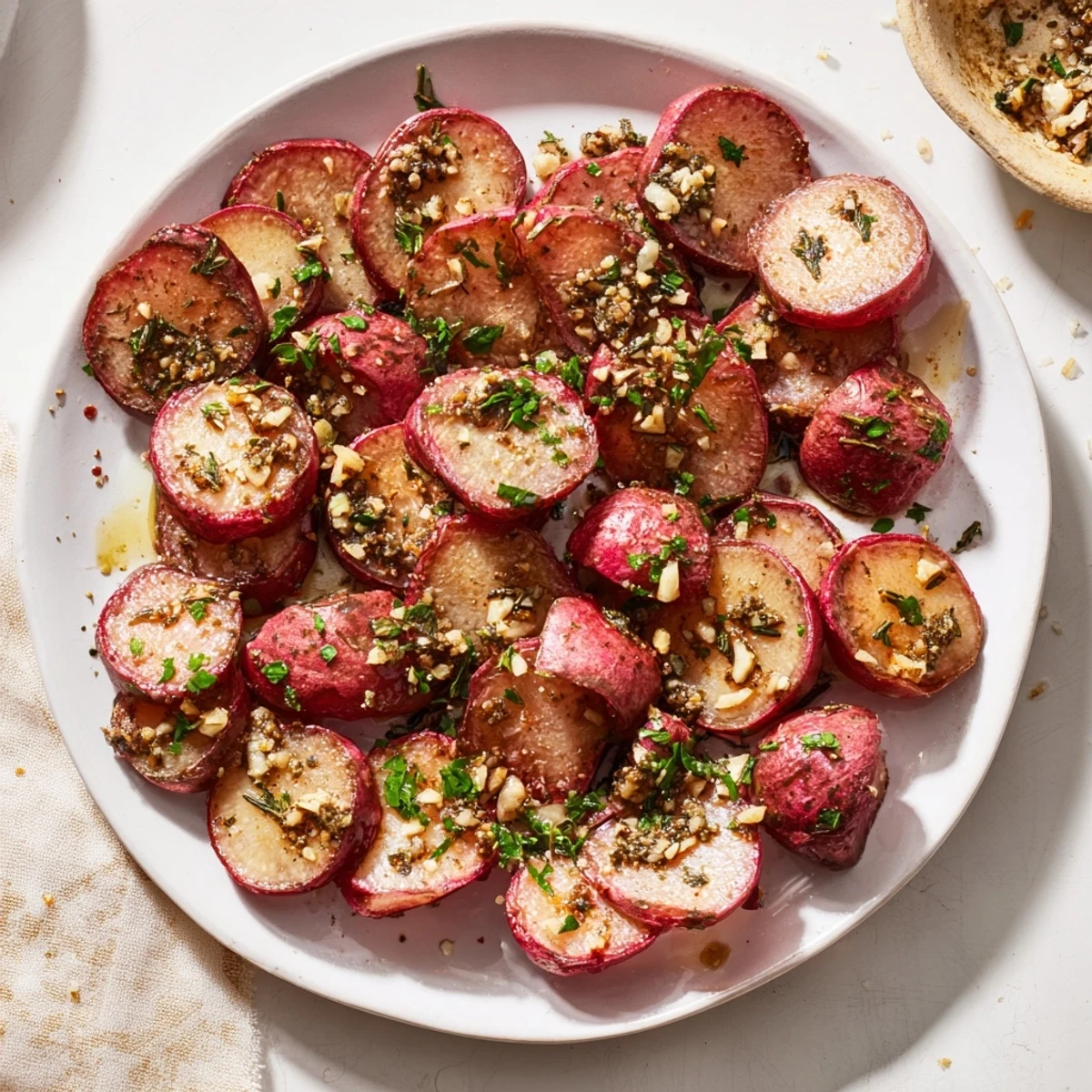 Tender roasted radishes tossed with minced garlic and fresh herbs on a rustic wooden board