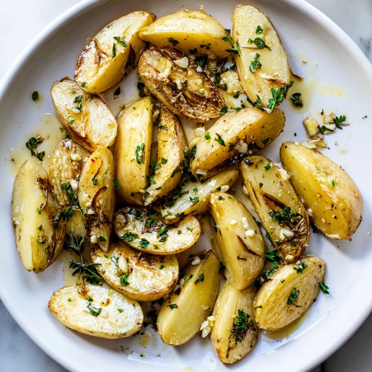 Fork-tender low carb roasted radishes seasoned with aromatic thyme and rosemary, garnished with parsley