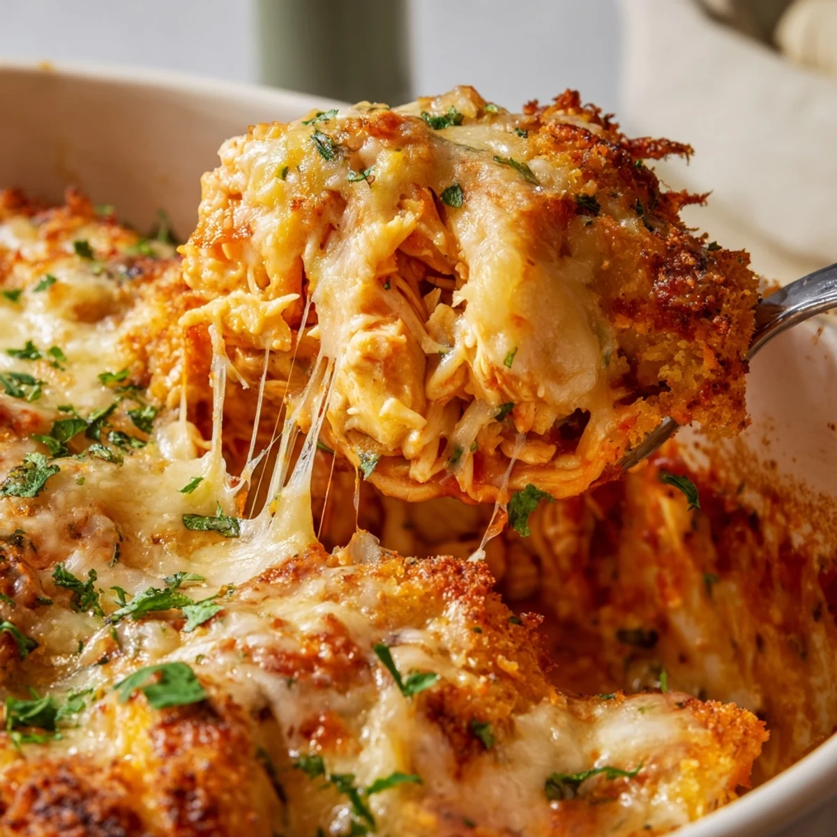Golden brown Chicken Parmesan Casserole with bubbling mozzarella and crispy buttered breadcrumb topping