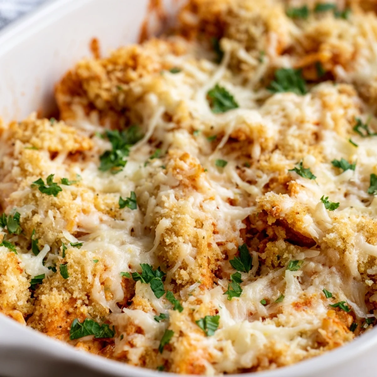 Bubbling Chicken Parmesan Casserole fresh from oven with melted cheese layer and golden crumbs