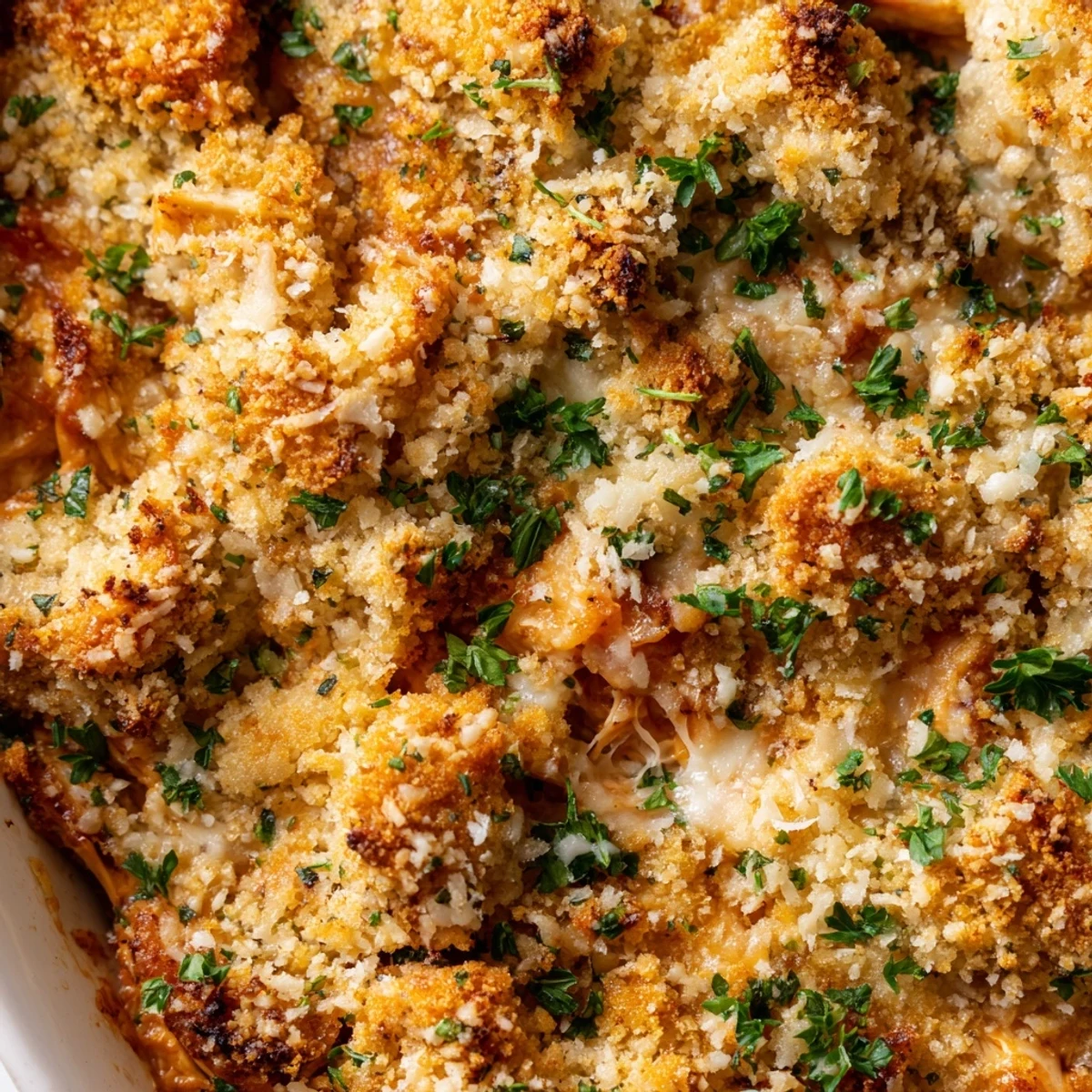 Family style Chicken Parmesan Casserole in baking dish featuring gooey cheese and crunchy parsley topping