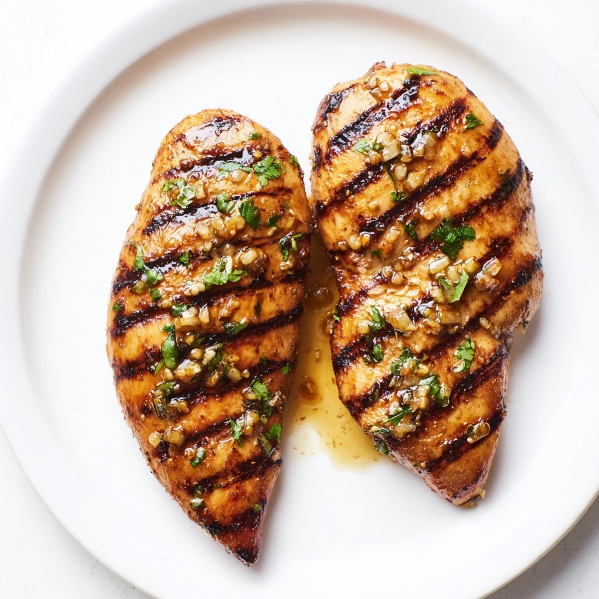 Golden brown Key West Grilled Chicken with charred grill marks and fresh cilantro garnish on a white plate