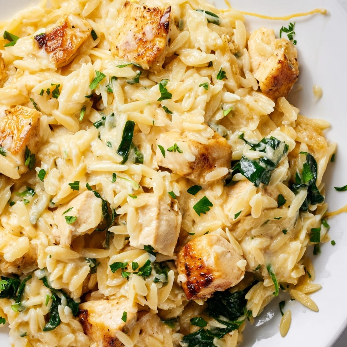 Golden chicken pieces nestled in creamy orzo with melted Pepper Jack cheese and wilted spinach