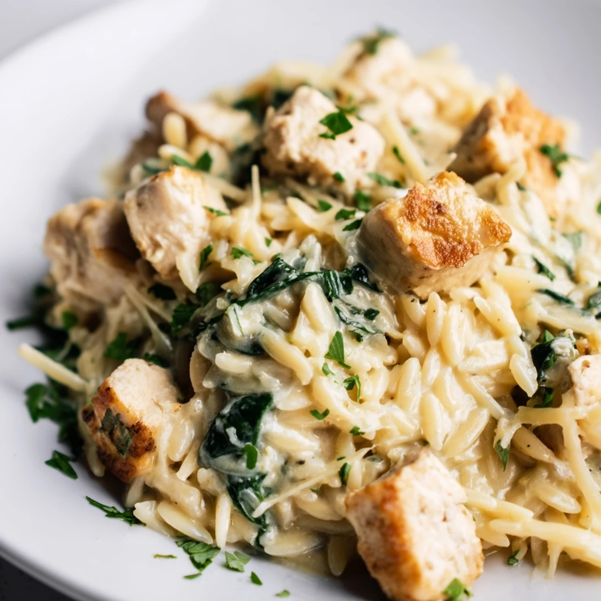 One-pan creamy garlic butter orzo dish topped with spicy Pepper Jack and fresh parsley