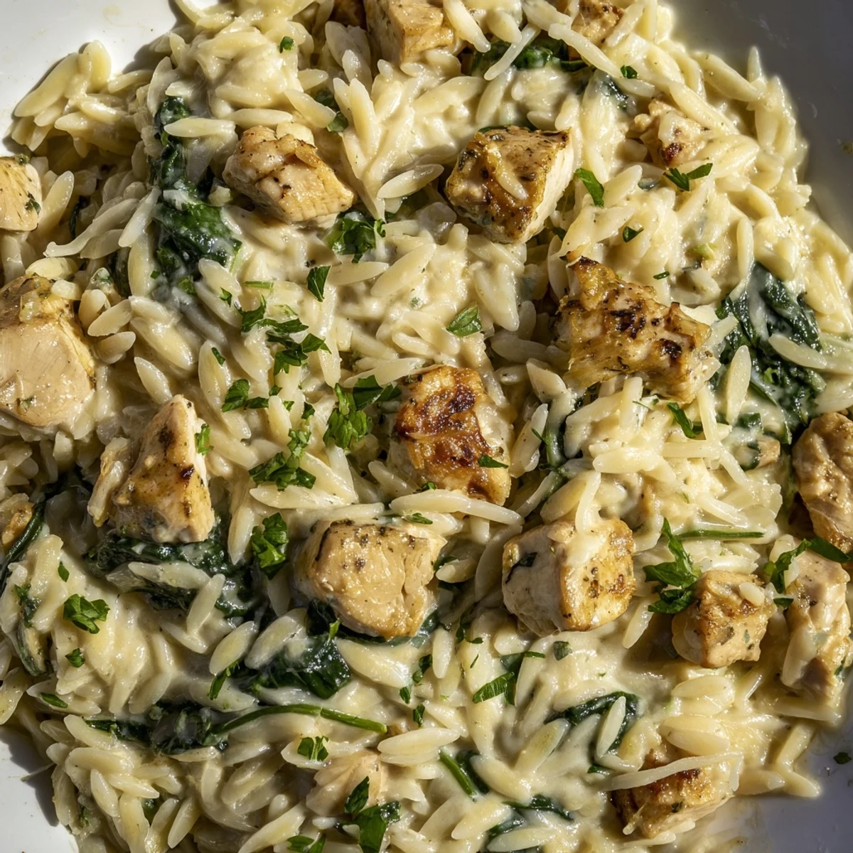 Tender chicken and orzo simmered in rich garlic butter sauce with vibrant green spinach accents
