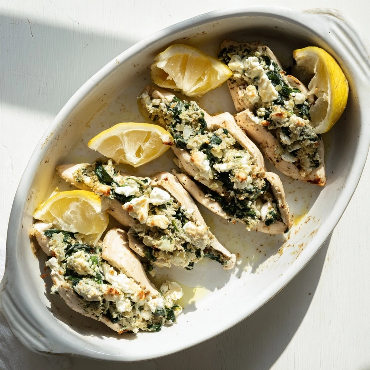Golden baked chicken breast stuffed with spinach and feta on a white plate