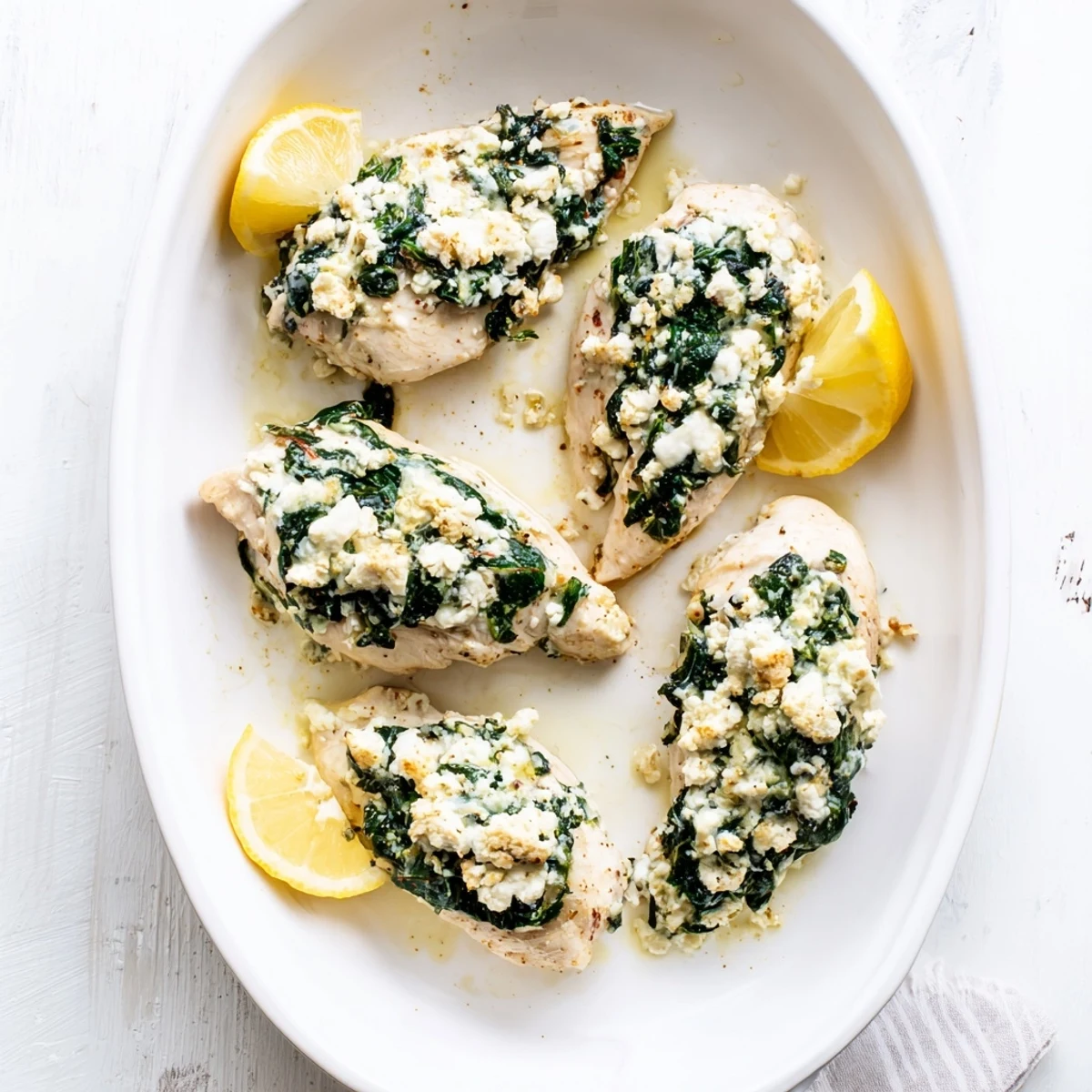 Juicy chicken breasts filled with creamy feta and fresh spinach, garnished with lemon