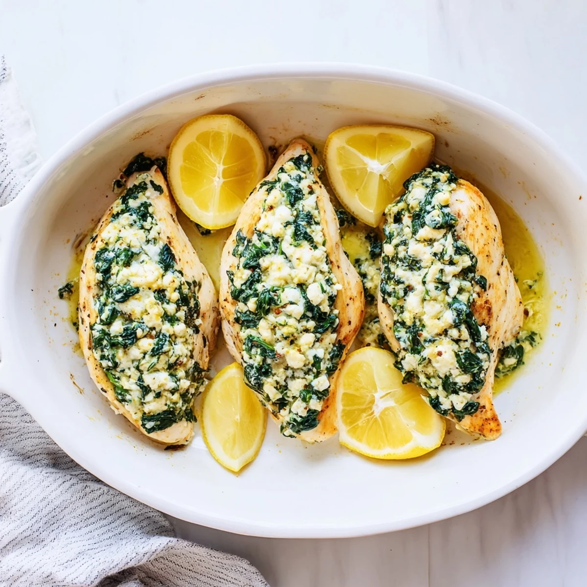 Mediterranean stuffed chicken breast with feta cheese and spinach baked until golden