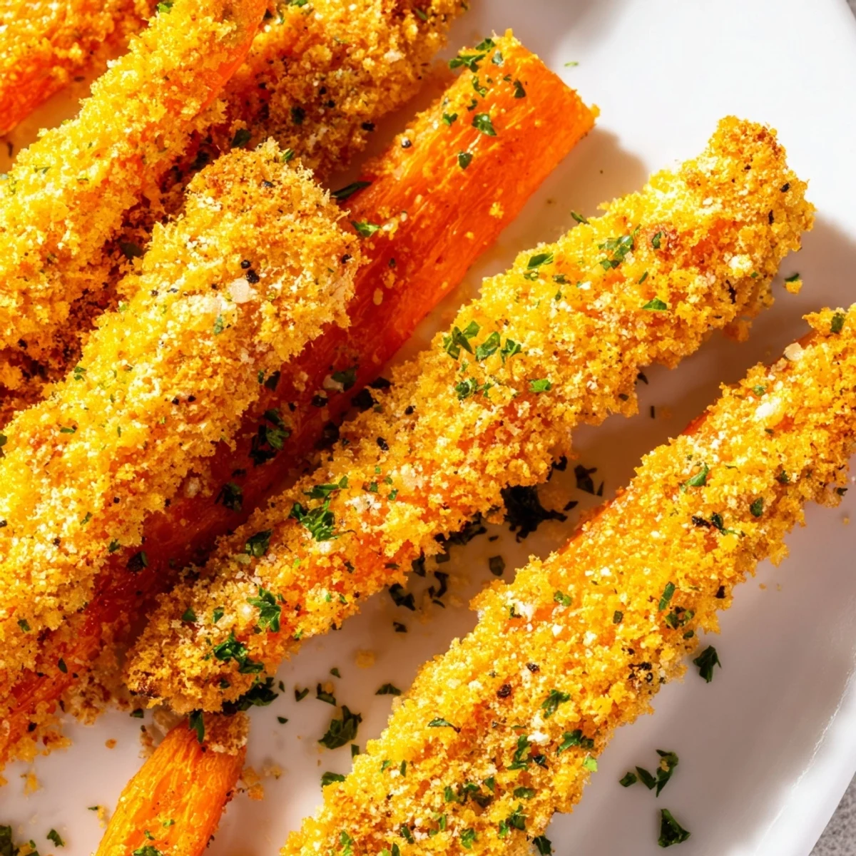 Golden roasted carrot sticks coated in crispy Parmesan breadcrumb crust on white baking sheet