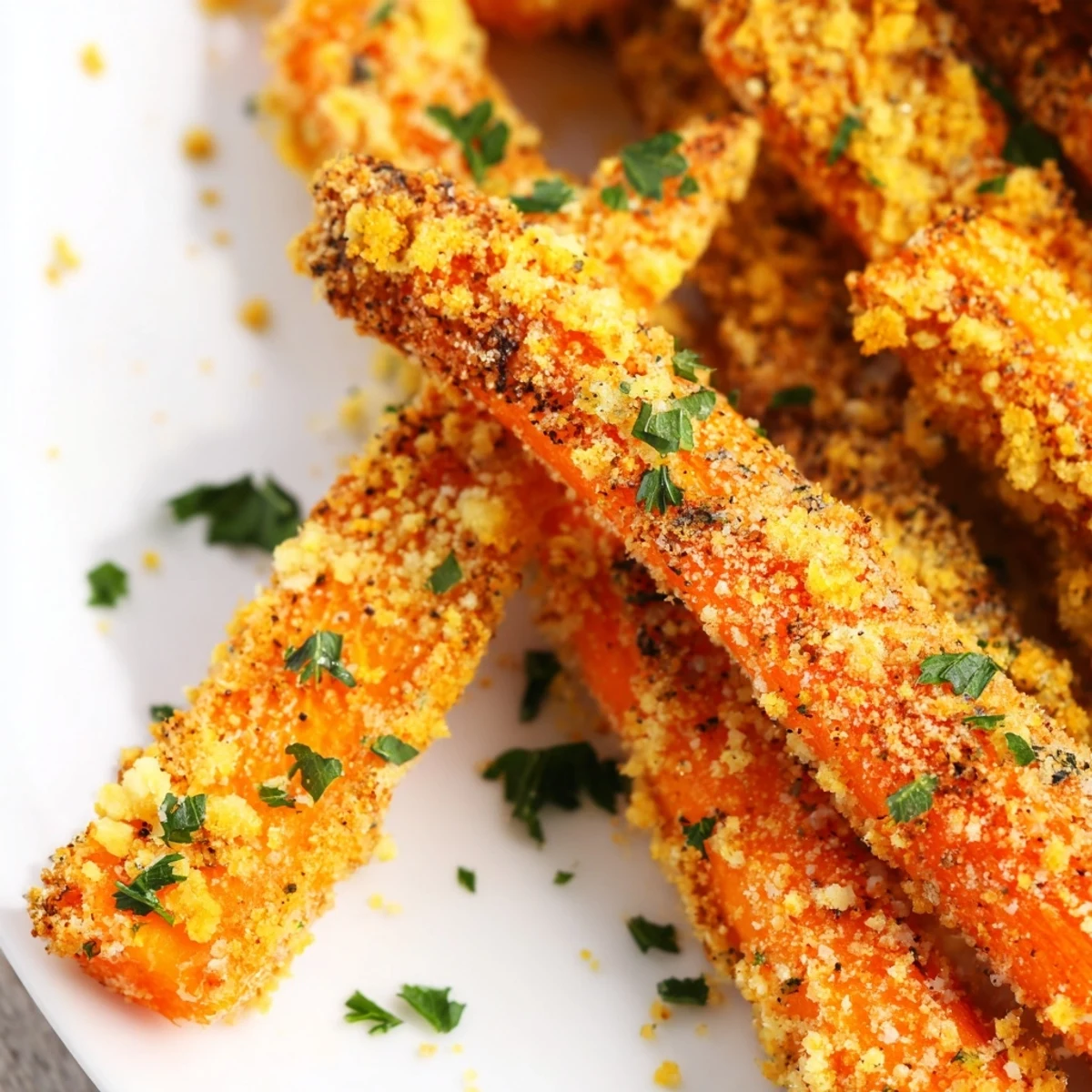 Serving of crispy parmesan carrots garnished with fresh parsley on rustic wooden board