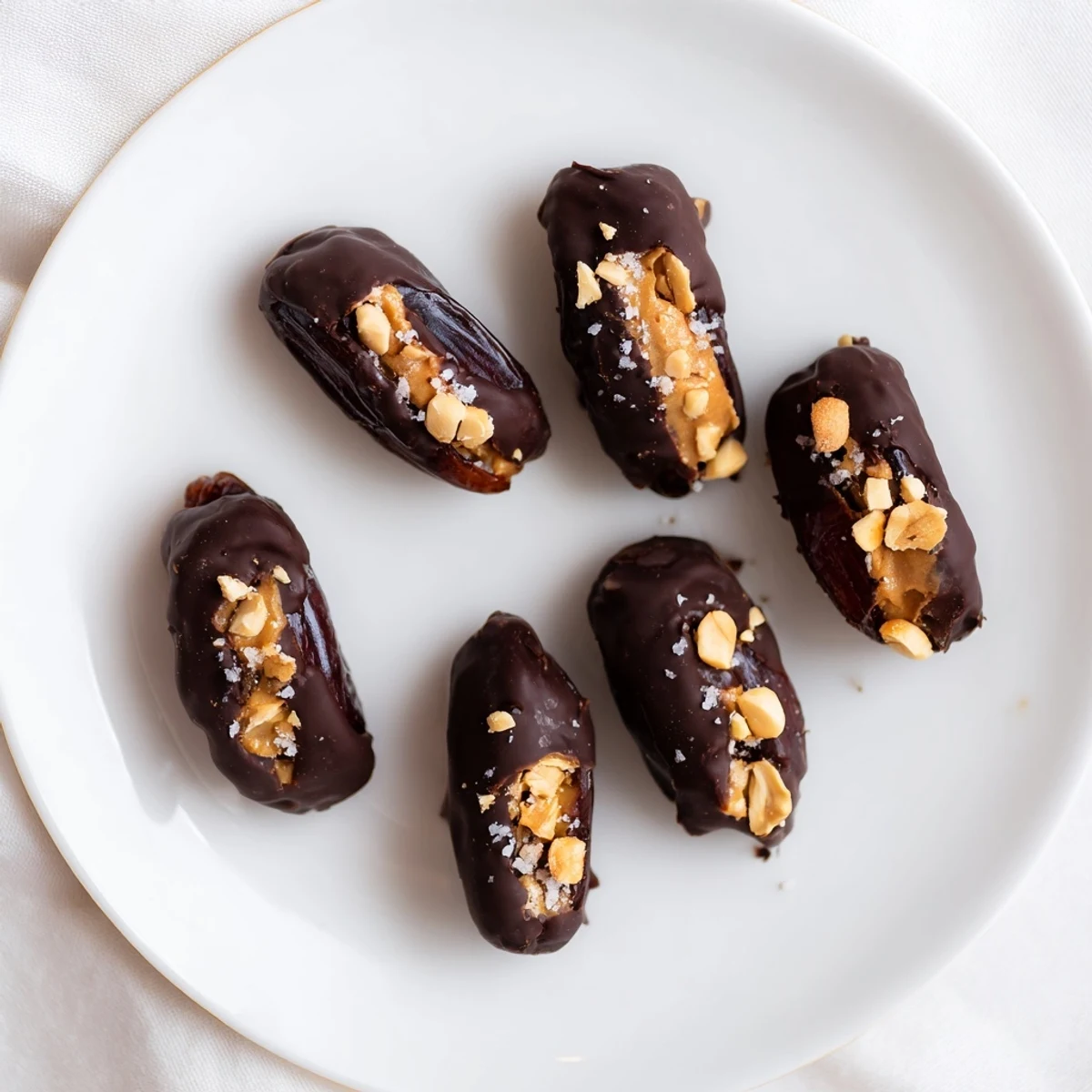 Homemade Date Snickers stuffed with peanut butter and peanuts, coated in glossy dark chocolate with sea salt garnish.