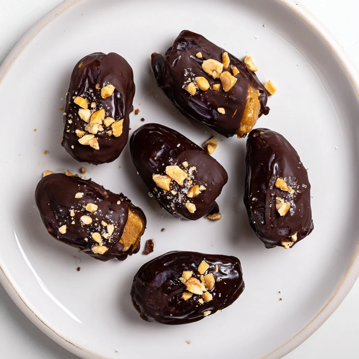 Bite-sized Date Snickers on a white plate showcasing their cracked chocolate shell and crunchy roasted peanut filling.