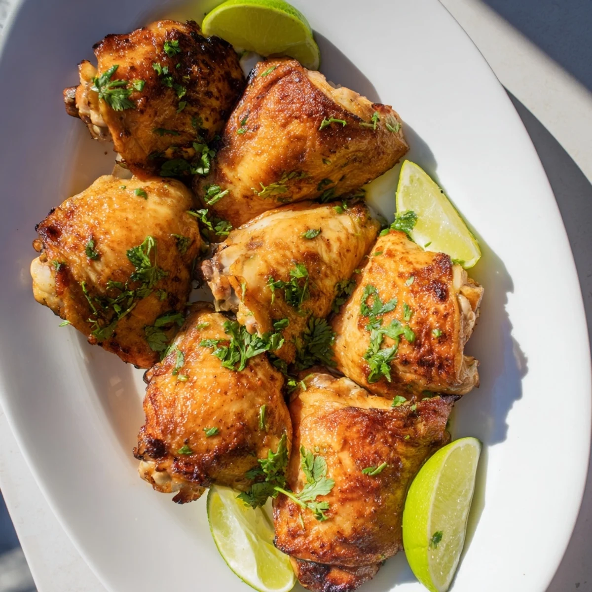 Golden Cuban Mojo Chicken Thighs roasted to crispy perfection with vibrant citrus marinade