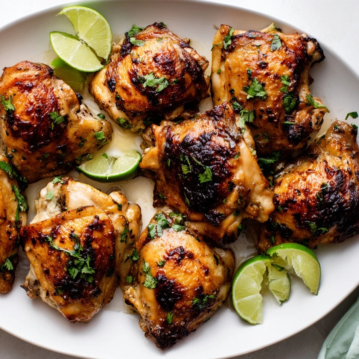 Crispy skin Cuban Mojo Chicken Thighs served on a white roasting pan