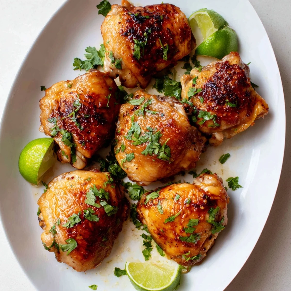 Juicy Cuban Mojo Chicken Thighs garnished with fresh cilantro and lime wedges