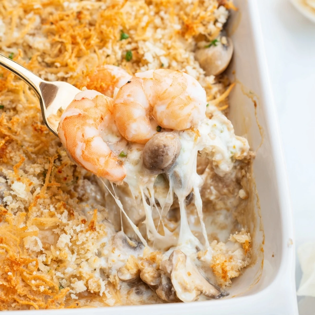 Creamy shrimp mushroom casserole bubbling in a white dish with golden breadcrumb crust