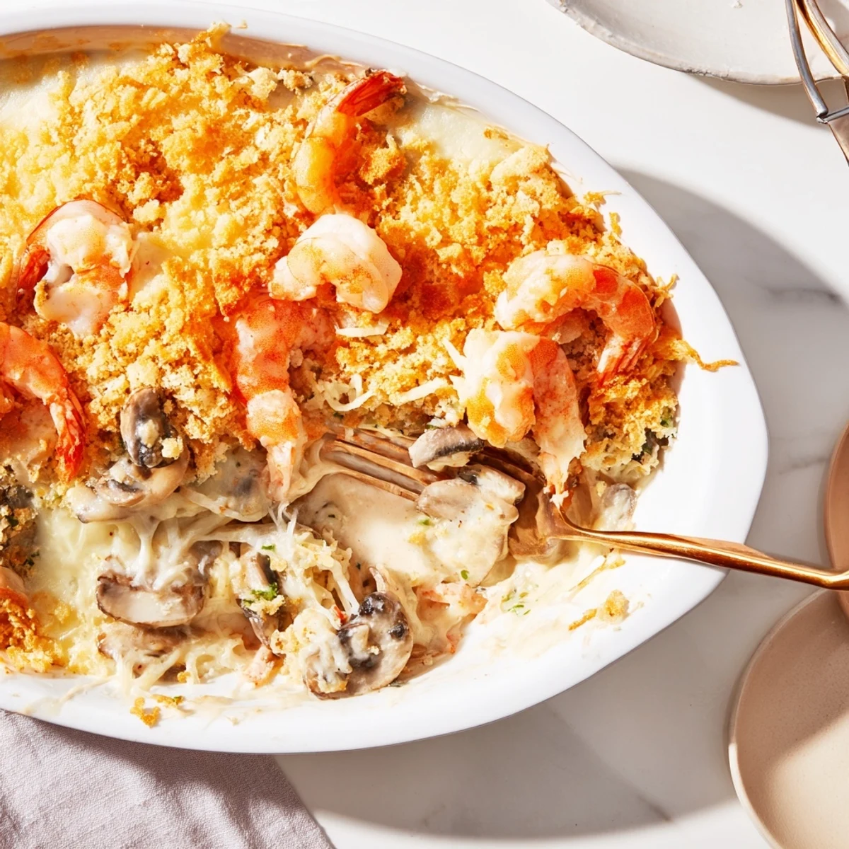 Golden-baked shrimp mushroom casserole with creamy sauce and crispy panko topping