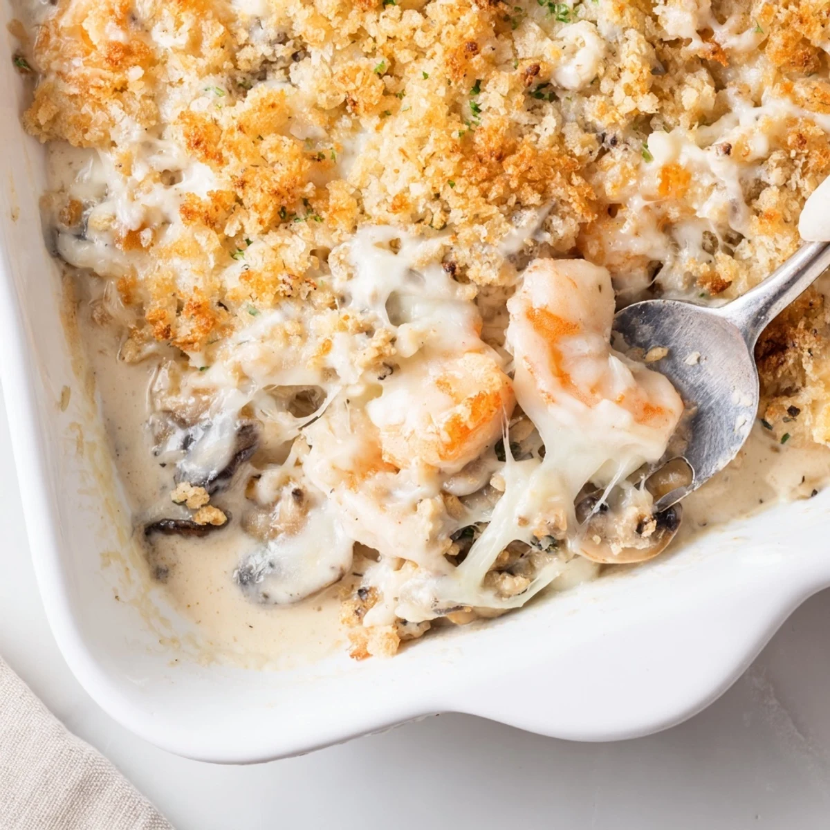 Tender shrimp and sliced mushrooms in rich cream sauce baked until golden brown