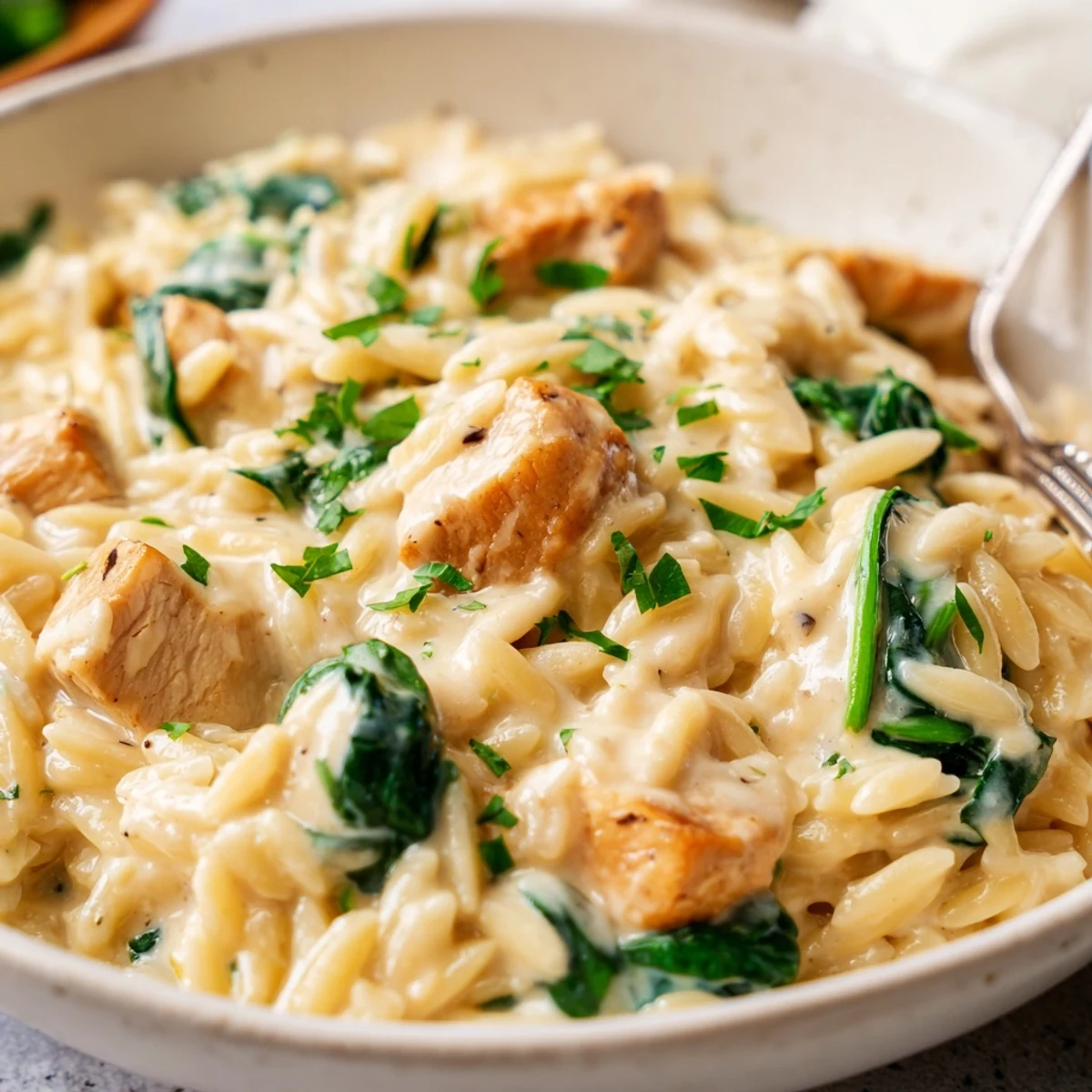 Golden chicken pieces simmered in garlic herb cheese sauce with tender orzo pasta