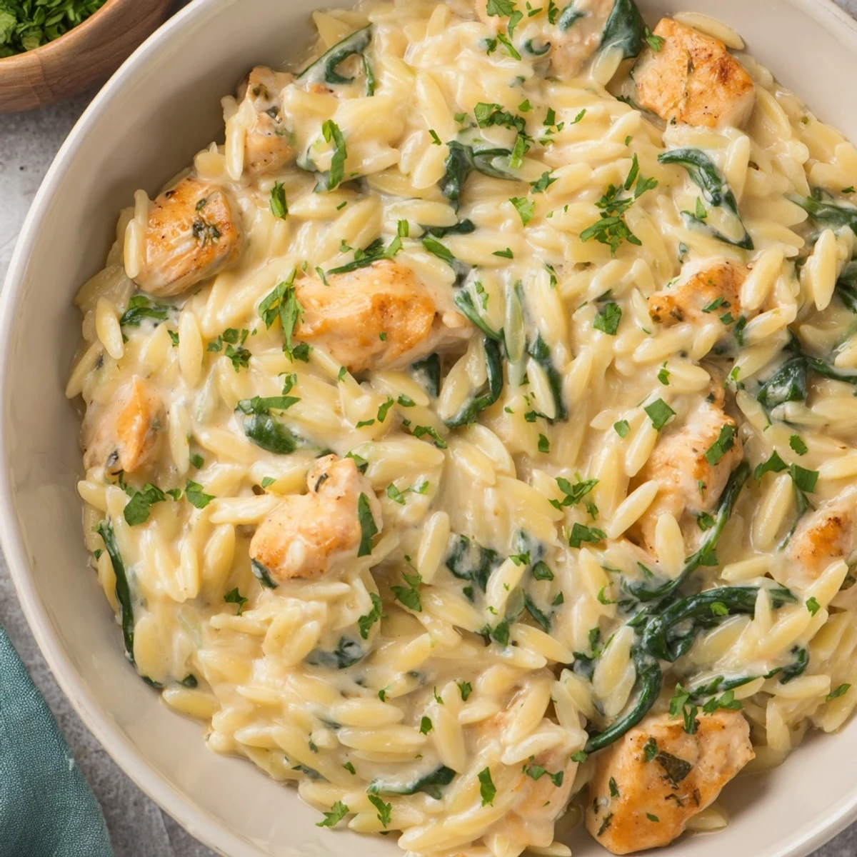 Creamy one pan Boursin chicken orzo with wilted spinach garnished with fresh parsley