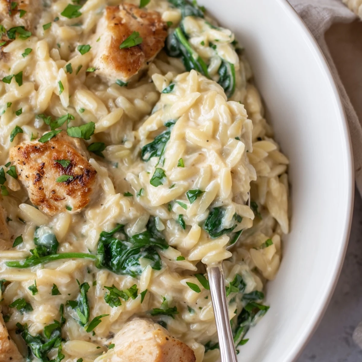 Savory Boursin chicken orzo featuring fresh spinach in a rich creamy white sauce