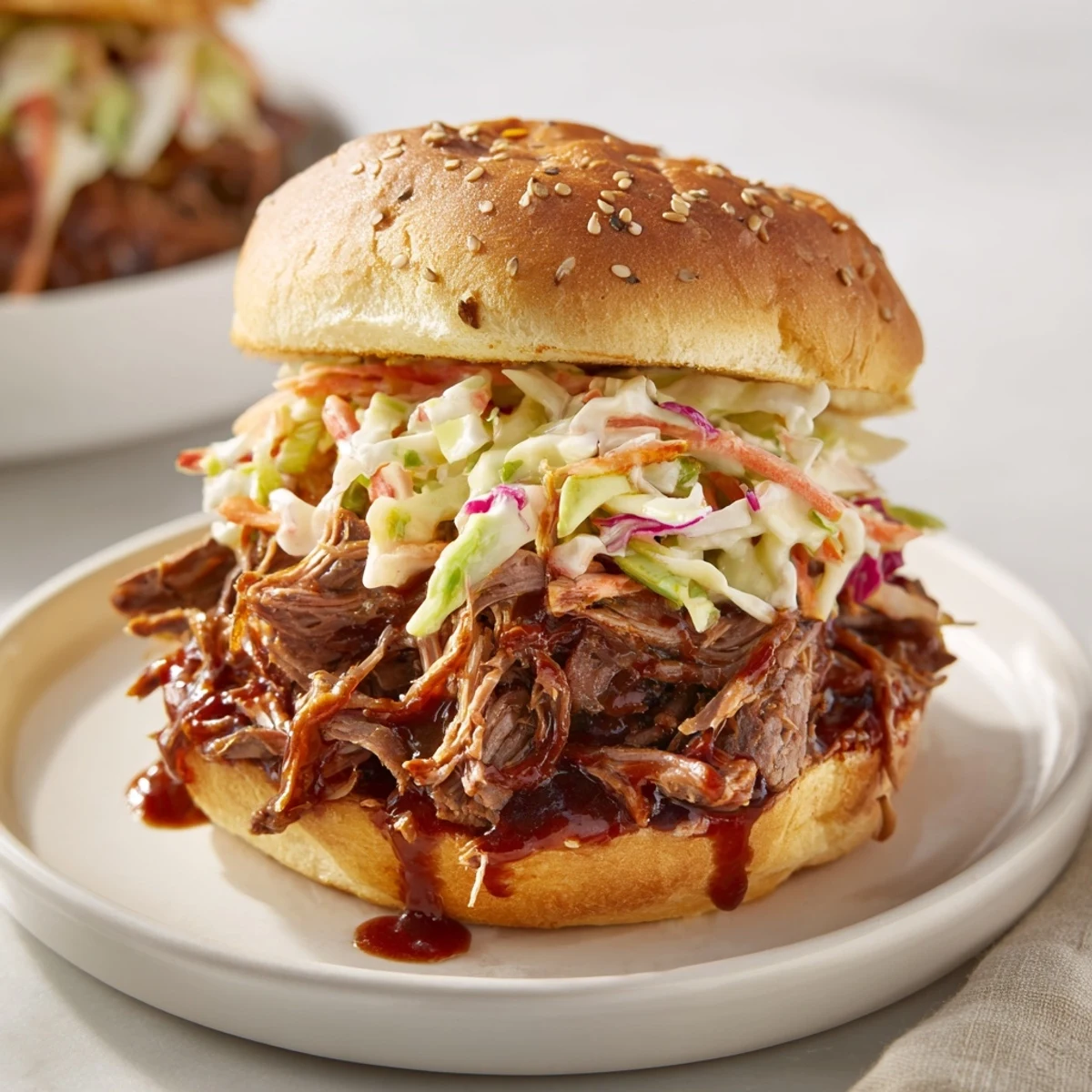 Tender BBQ pulled beef sliders piled on toasted brioche buns with crunchy colorful coleslaw topping