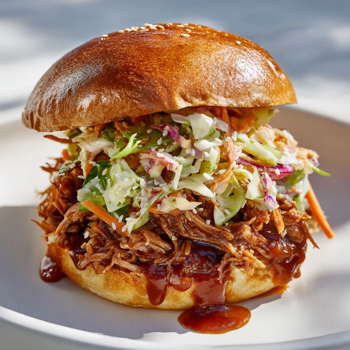 Homemade BBQ pulled beef sliders featuring shredded chuck roast and crisp cabbage coleslaw on soft buns
