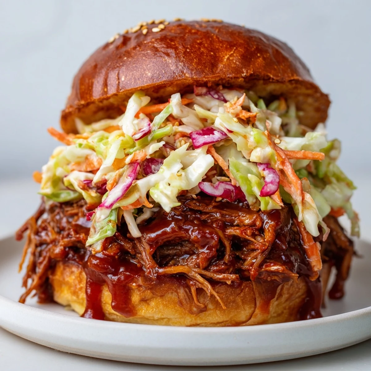 Golden brioche slider buns loaded with smoky BBQ pulled beef and fresh homemade coleslaw