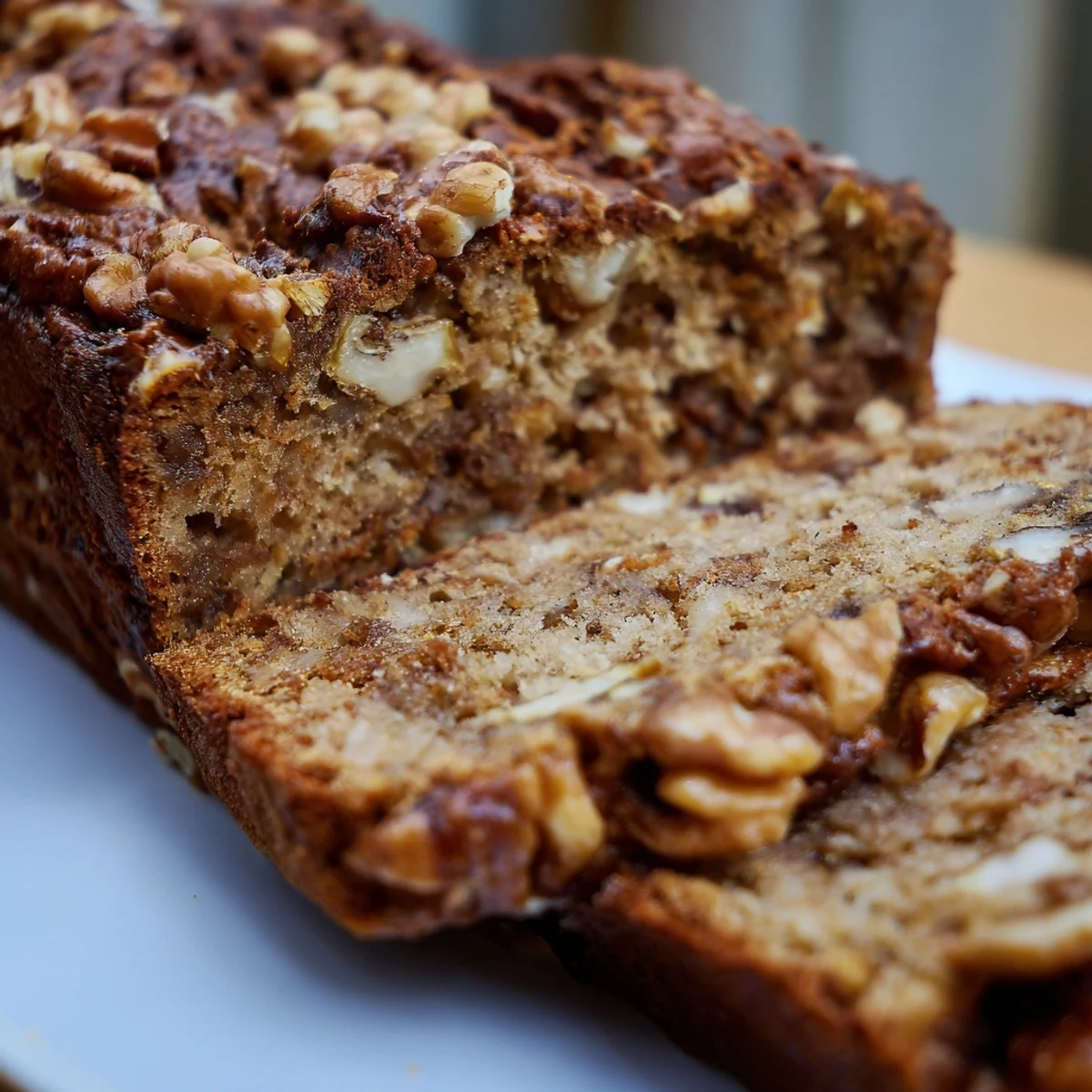 Golden brown loaf of banana nut bread with walnuts cinnamon swirl sliced on wooden board