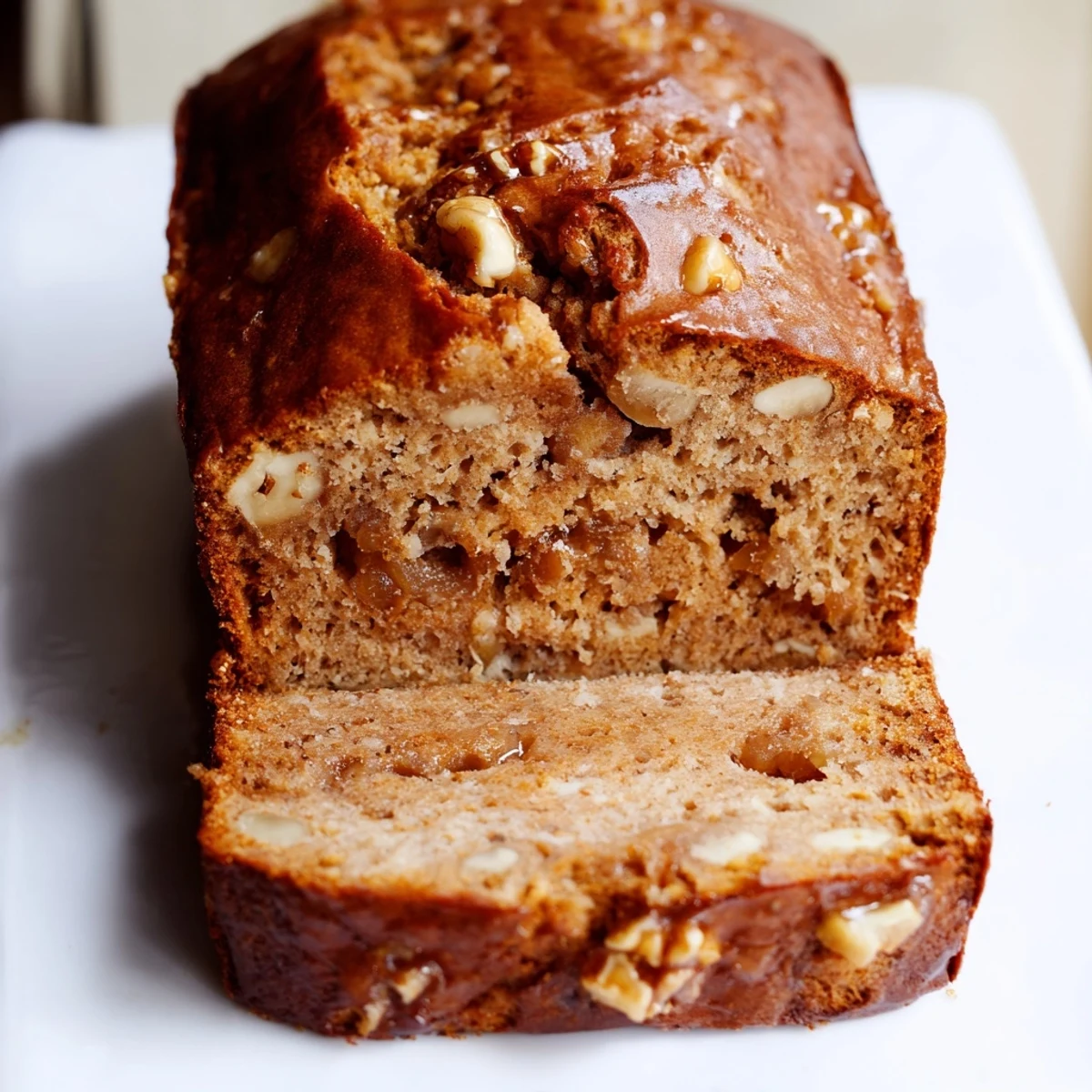 Freshly baked banana nut bread with walnuts cinnamon swirl cooling on wire rack with steam rising