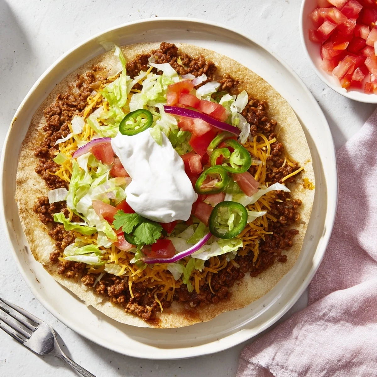 Fresh topped crispy beef Blackstone tacos with lettuce tomato and creamy sour cream