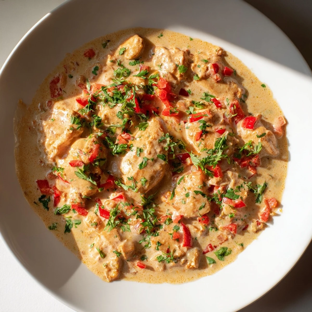 Creamy Brazilian coconut chicken pieces simmered in rich white sauce with vibrant red peppers and fresh green cilantro garnish.