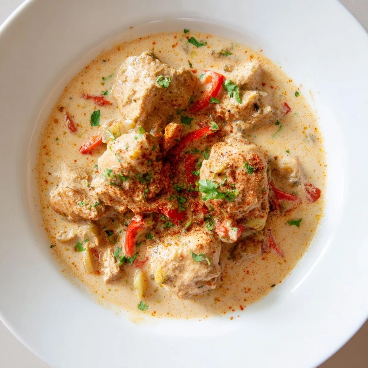 Golden brown chicken breast bites swimming in aromatic coconut milk broth seasoned with cumin paprika and fresh lime zest.