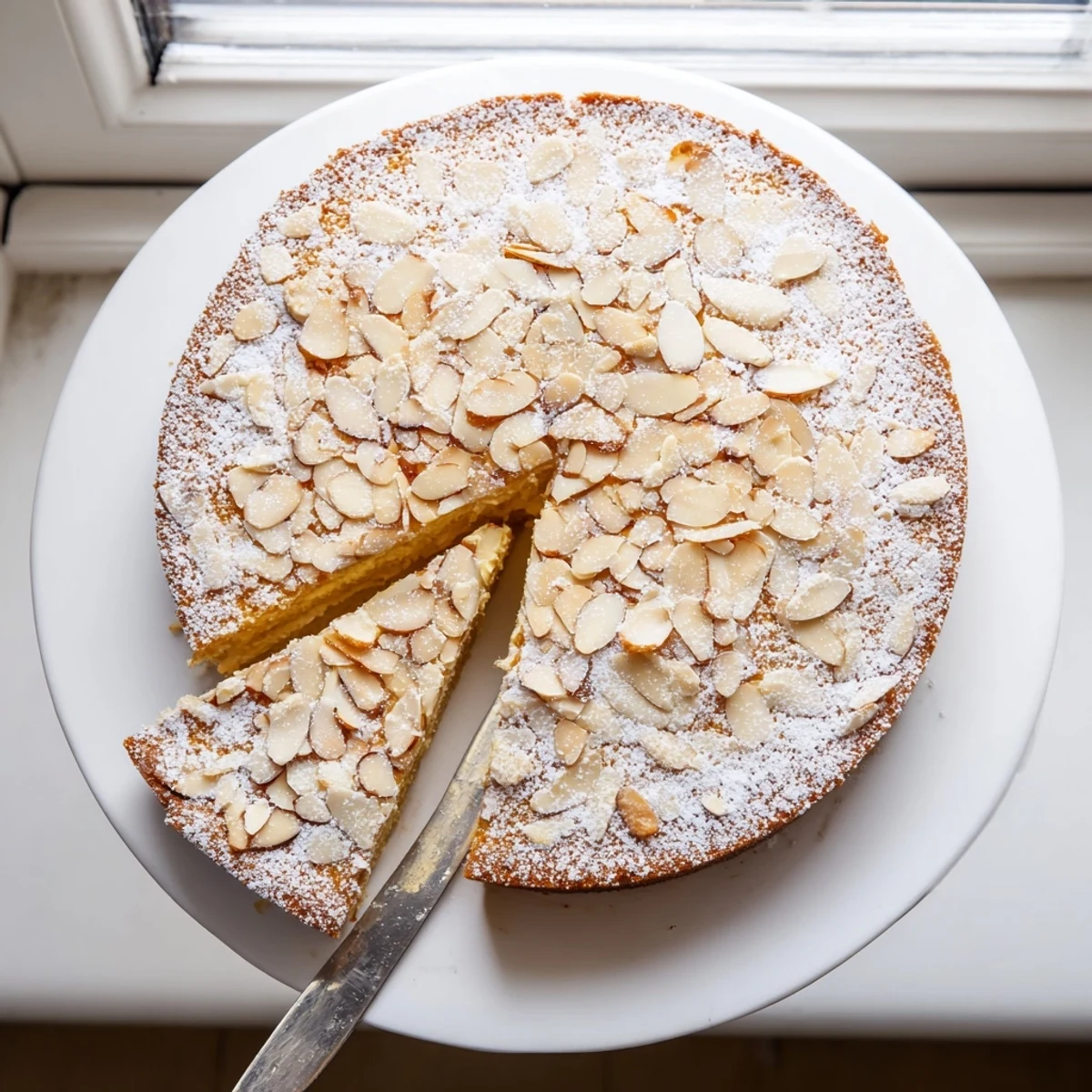 Golden almond cream cake with whipped almond frosting and toasted sliced almond garnish