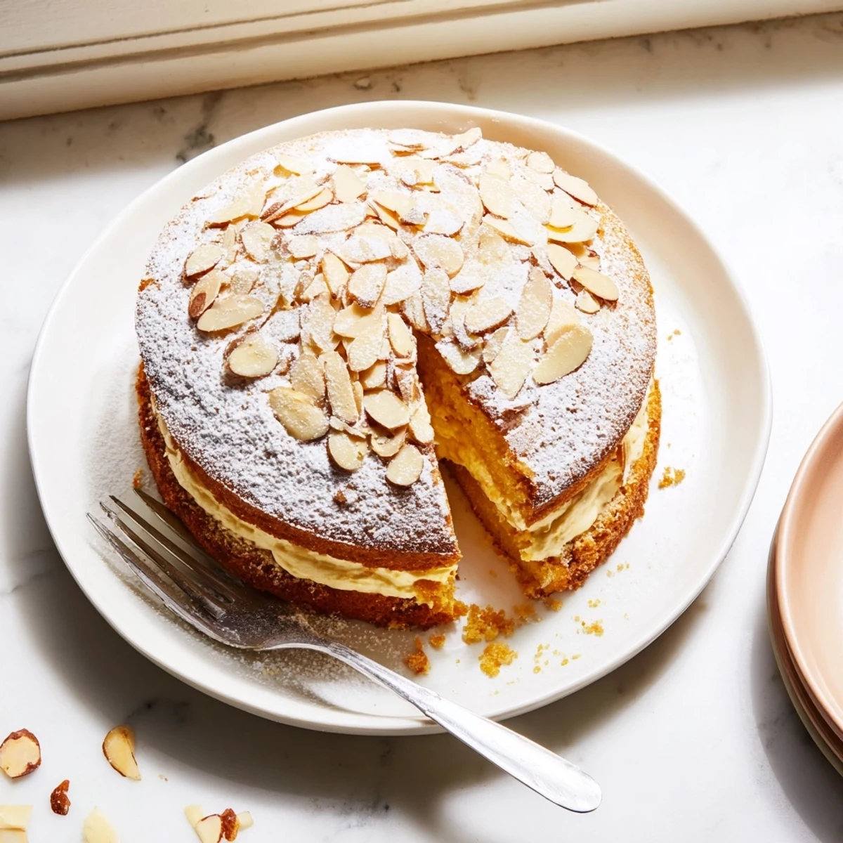 Moist almond cream cake layered with rich almond filling and dusted with powdered sugar