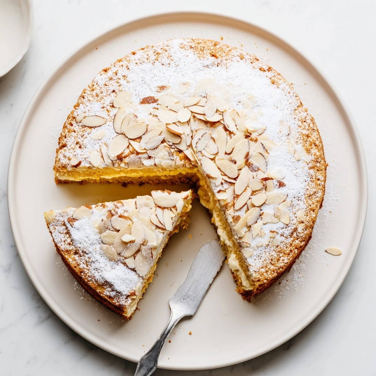 Two-layer almond cream cake topped with golden toasted almonds and creamy almond frosting