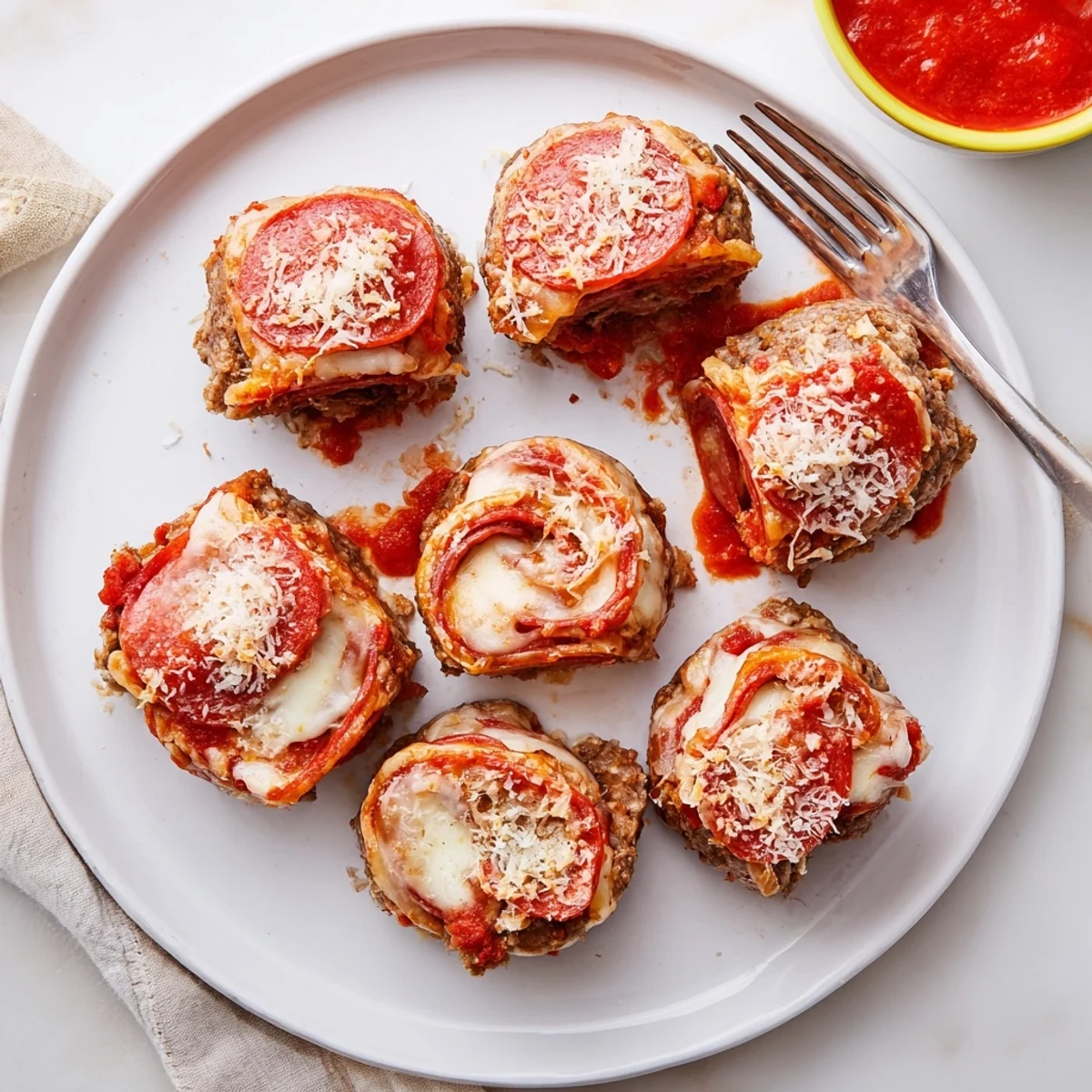 Golden brown keto beef pepperoni cheese roll ups with melted mozzarella on a white plate