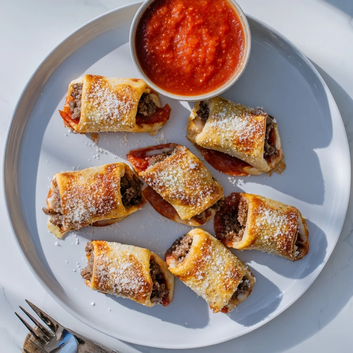 Platter of cheesy keto beef pepperoni roll ups served with marinara dipping sauce