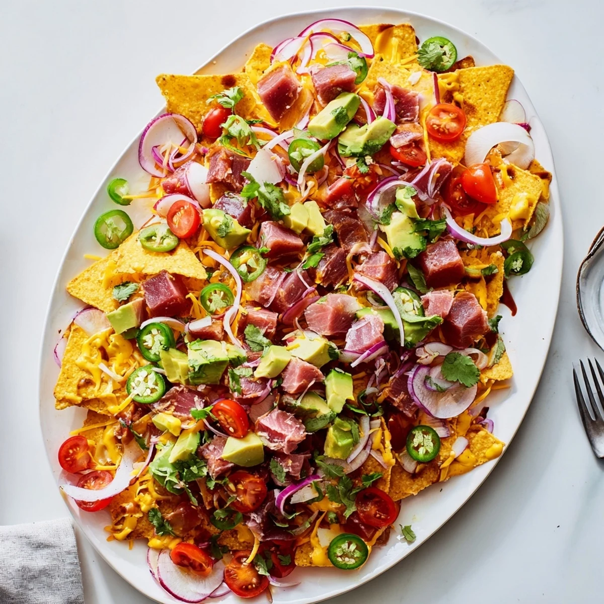Golden Tuna Nachos Deluxe piled high with seared tuna, fresh avocado, and zesty jalapeño-lime crema