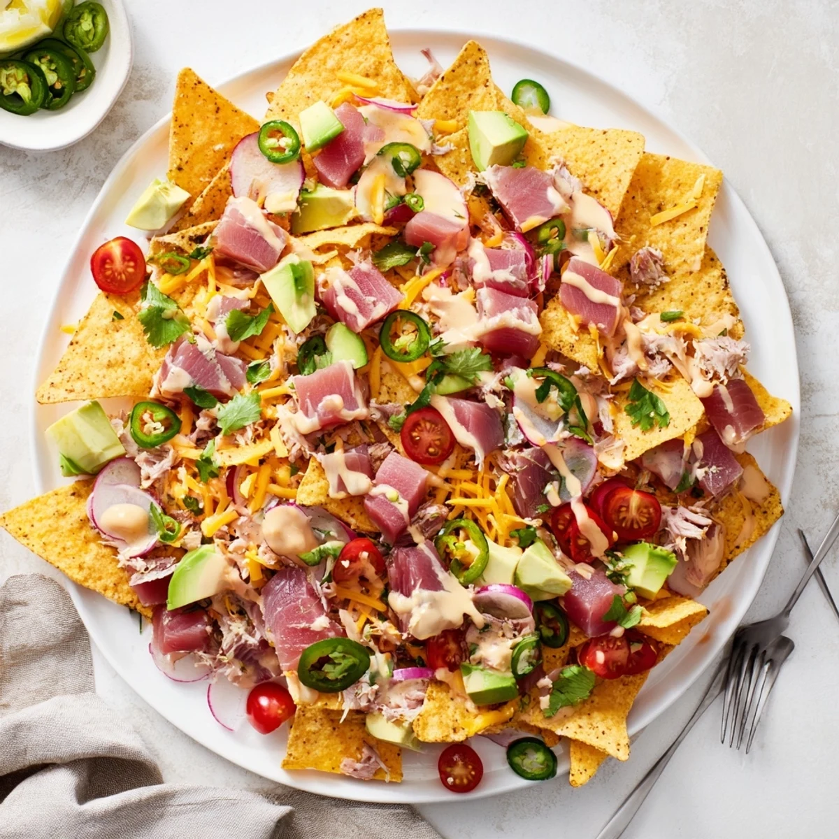 Crispy tortilla chips topped with marinated tuna, colorful veggies, and creamy jalapeño-lime drizzle