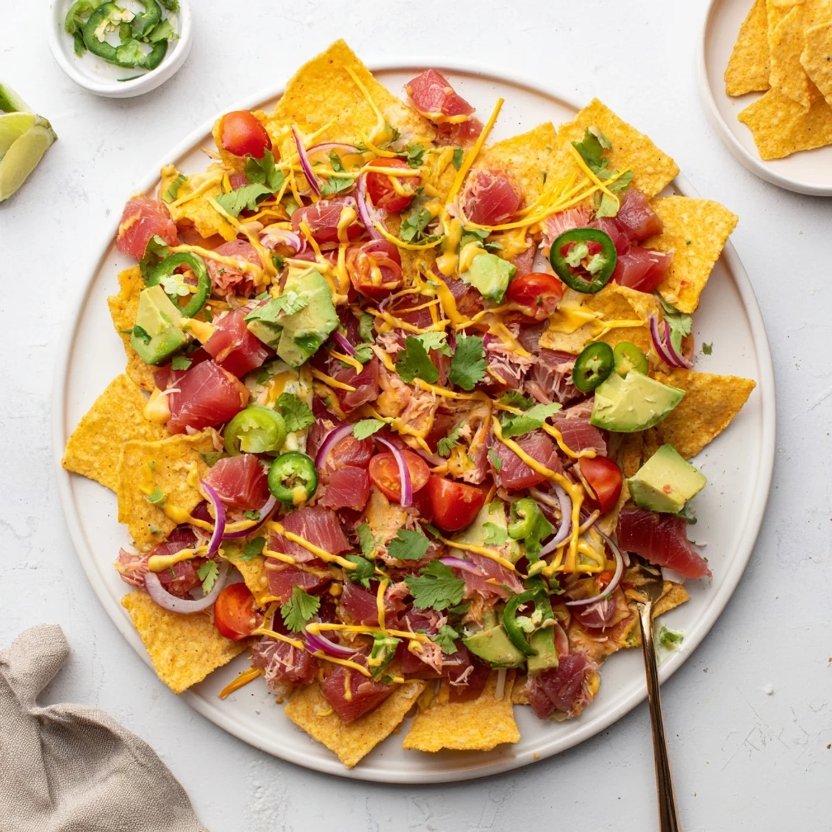 Loaded Tuna Nachos Deluxe featuring seared tuna steak, melted cheese, and vibrant Tex-Mex toppings