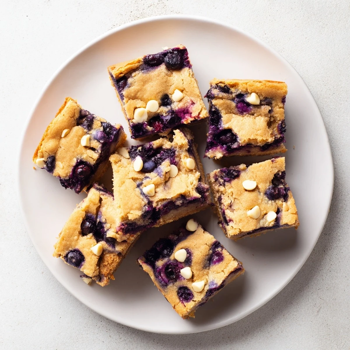 Golden blueberry blondies with bursting berries on a wooden cutting board